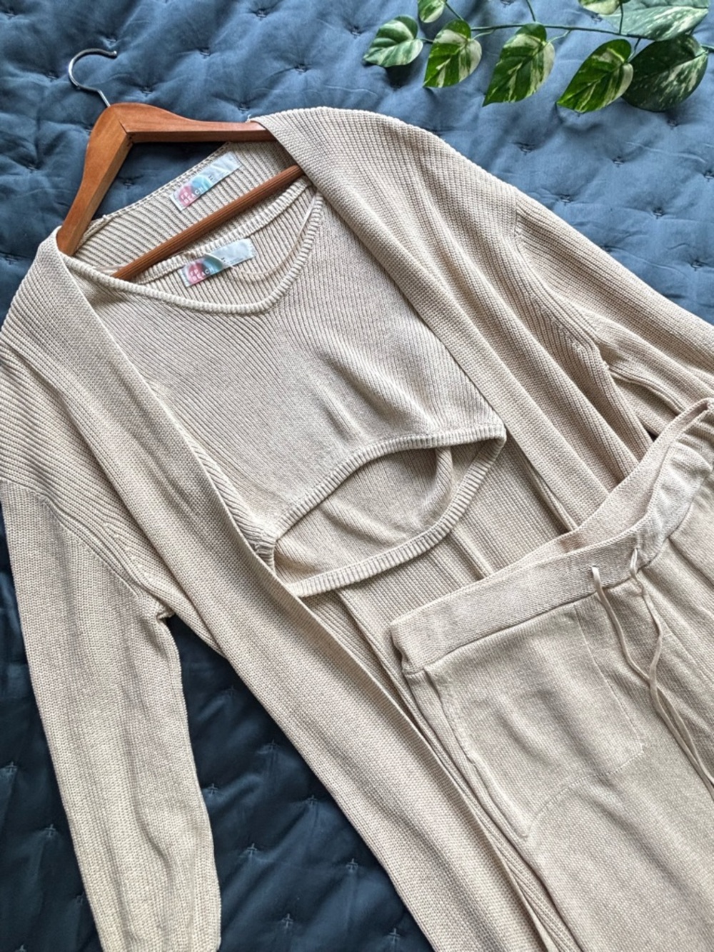 Free People FP Beach | Women’s Living in This Beige Knit Loungewear 3Piece Set M